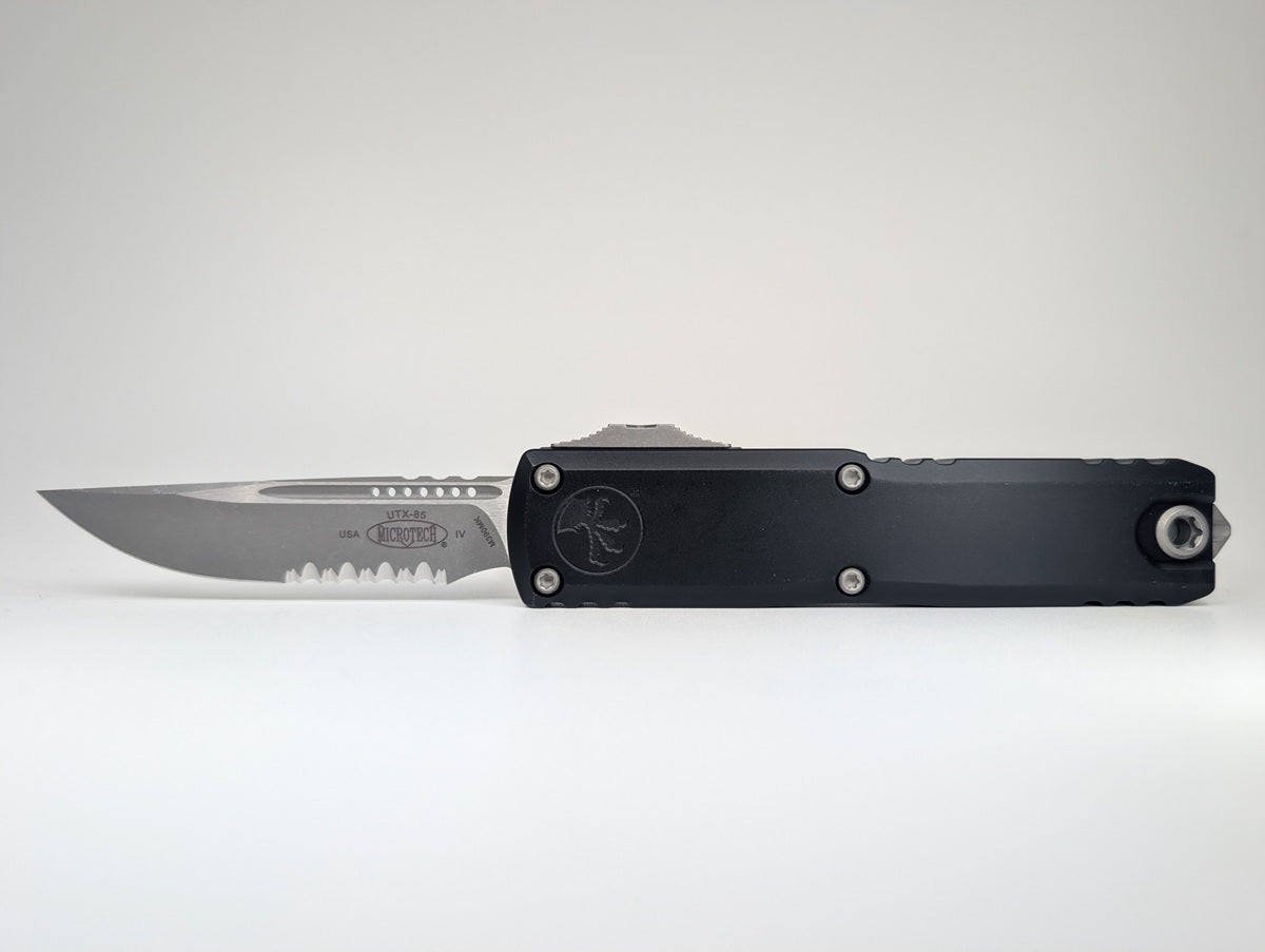 Microtech UTX-85 S/E Gen IV Black Apocalyptic Partial Serrated Out the Front Knife