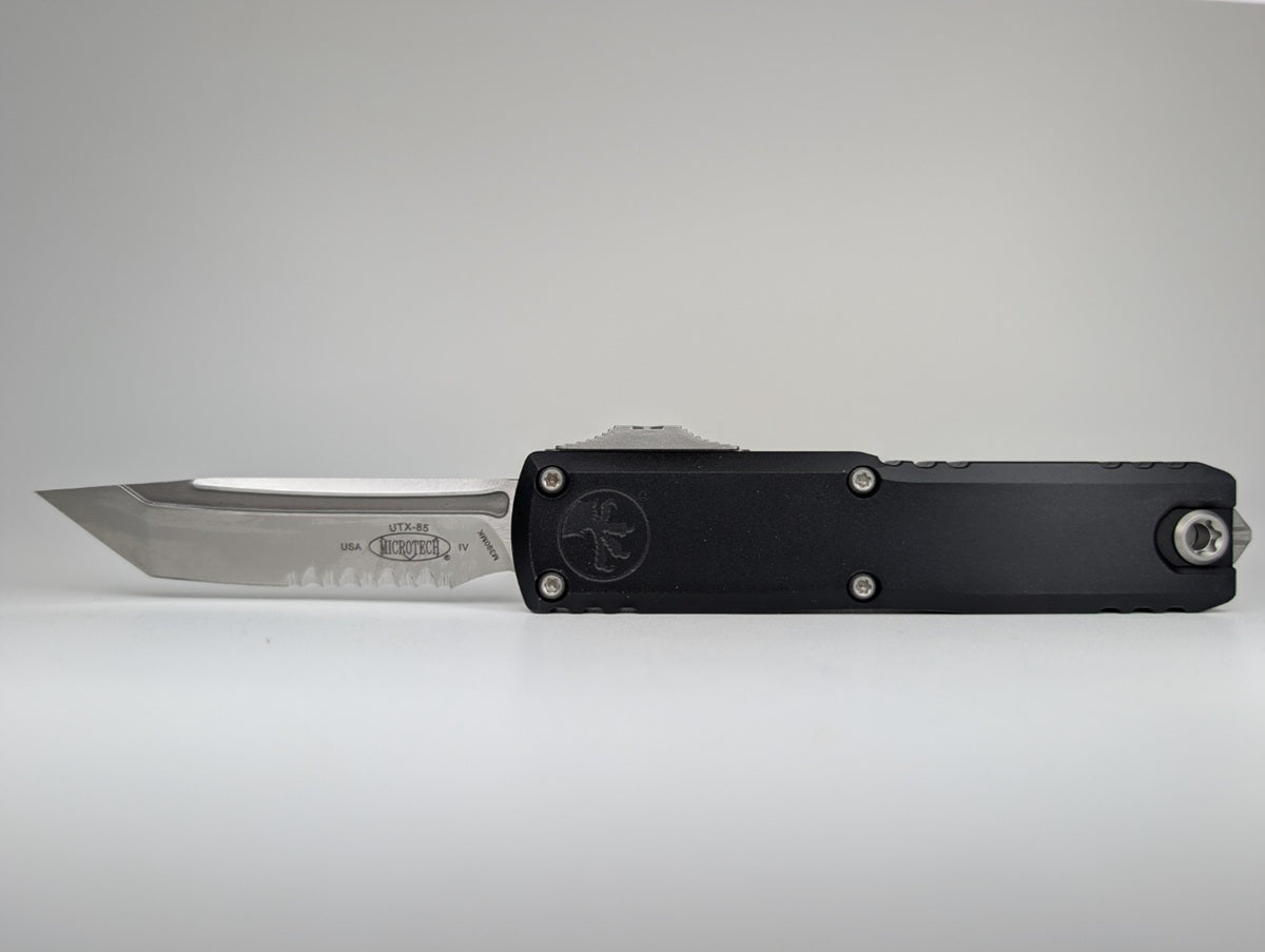 Microtech UTX-85 T/E Gen IV Black Partial Serrated Stonewash Out the Front Knife