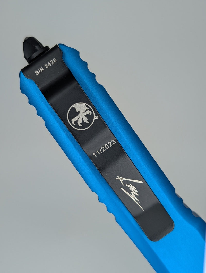 *Consignment* Microtech Ultratech Signature Series Blue / DLC Warhound Out the Front Knife