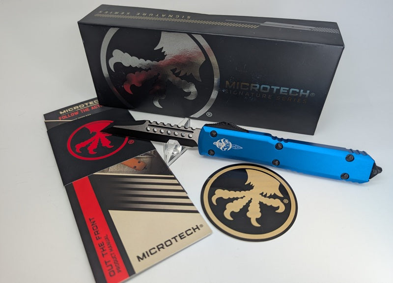 *Consignment* Microtech Ultratech Signature Series Blue / DLC Warhound Out the Front Knife