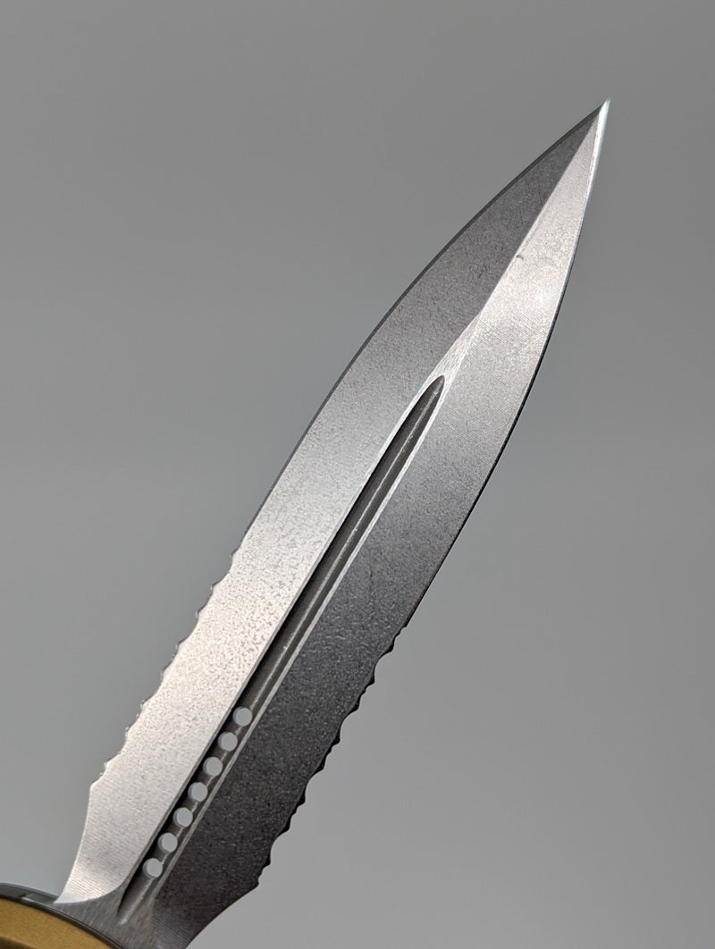 Microtech Ultratech Gen IV Tan Double Edge Partial Serrated Stonewash Out the Front Knife
