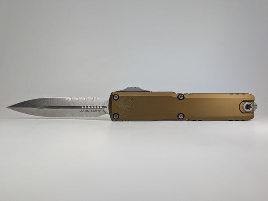 Microtech Ultratech Gen IV Tan Double Edge Partial Serrated Stonewash Out the Front Knife