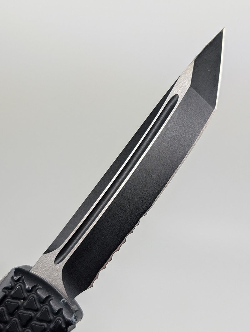 *Consignment* Microtech Ultratech Tread Black Elmax Tanto Partial Serrated Out the Front Knife