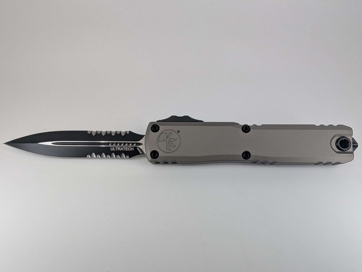 Microtech Ultratech ZBP D/E Natural Clear Partial Serrated Black Blade Out the Front Knife