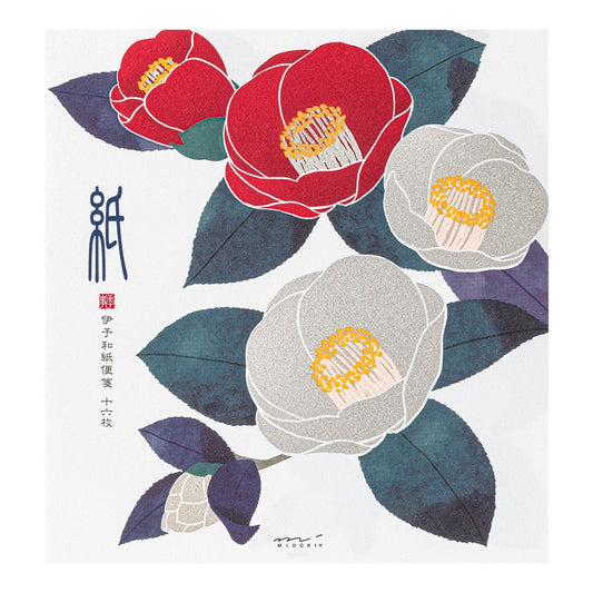 Midori Letter Pad 153 Silk-Printing Red and White Camellia S2