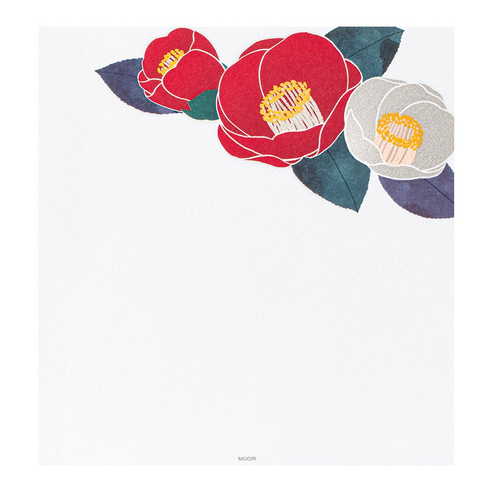 Midori Letter Pad 153 Silk-Printing Red and White Camellia S2