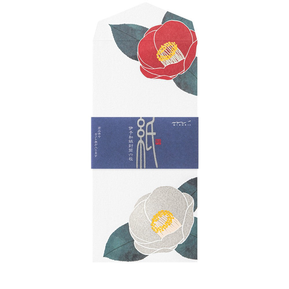 Midori Envelope 154 Silk-Printing Red and White Camellia S2