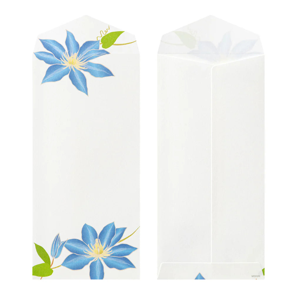 White socks with blue clematis designs on a white background
