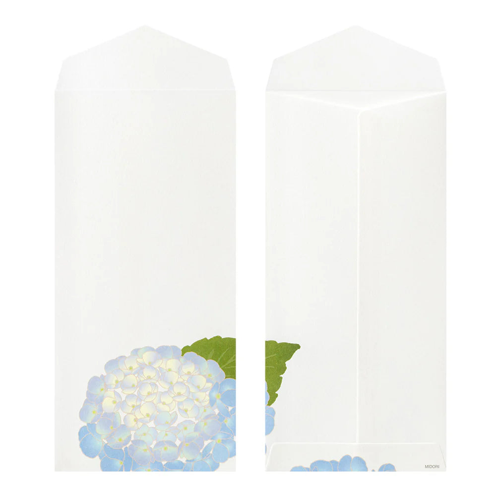 Pair of envelopes with blue hydrangea design on a white background