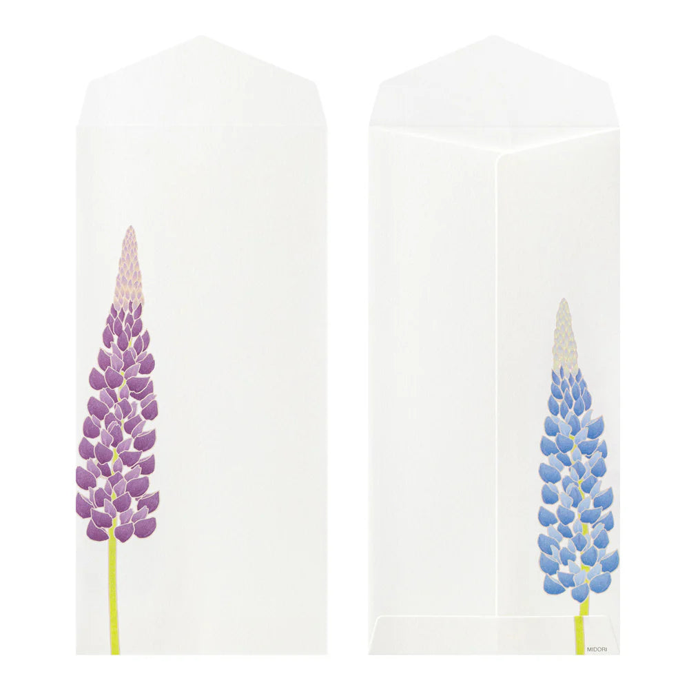 Two white envelopes with purple and blue lupine designs on a white background