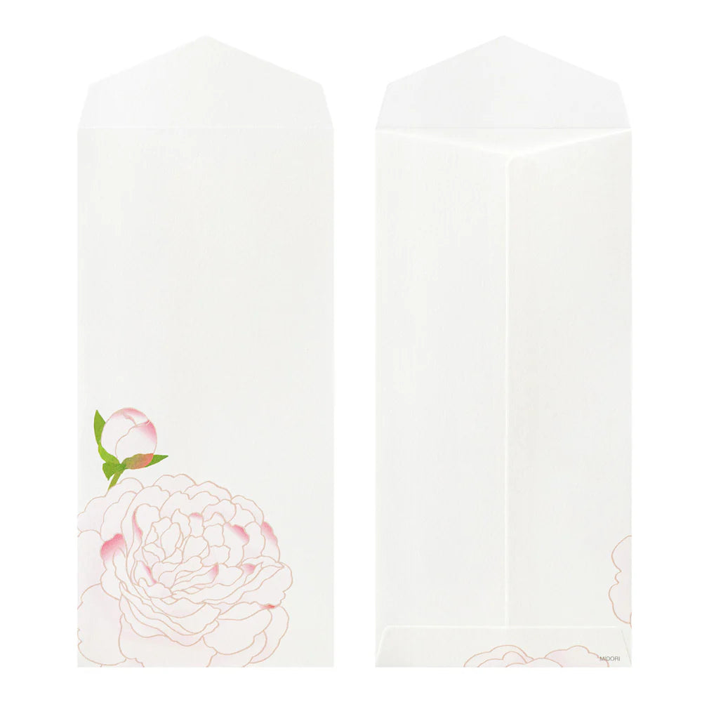 White envelopes with a peony floral design on a white background