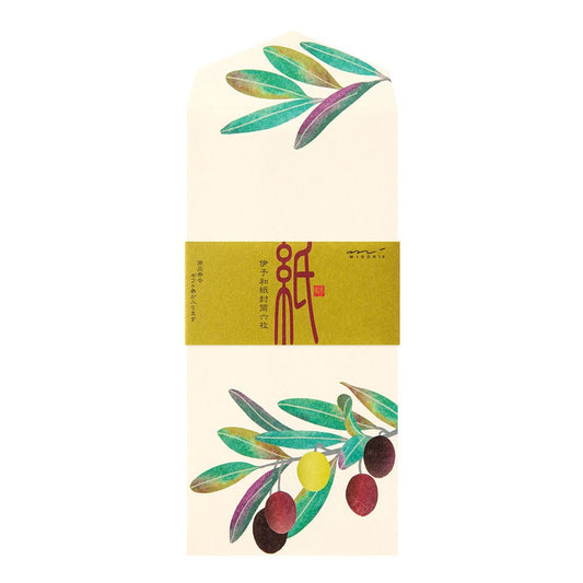 Decorative envelope with olive branch design and text on a white background