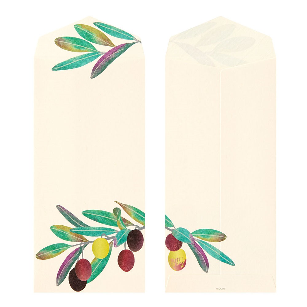 Two folded envelopes with colorful olive branch design on a beige background