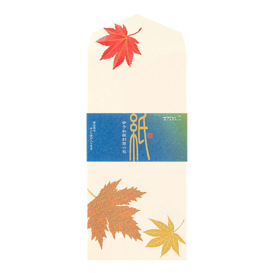 Midori Envelope 182 Silk-Printing Fallen Leaves S2 with colorful leaves on a white background