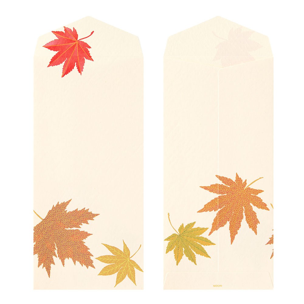 Two Midori Envelope  with colorful maple leaf designs on a white background