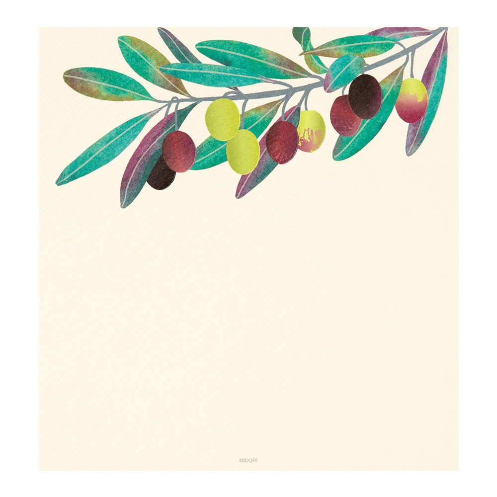 Midori Letter Pad 179 Foil-Stamping Olive Colorful illustration of olives and leaves on a beige background
