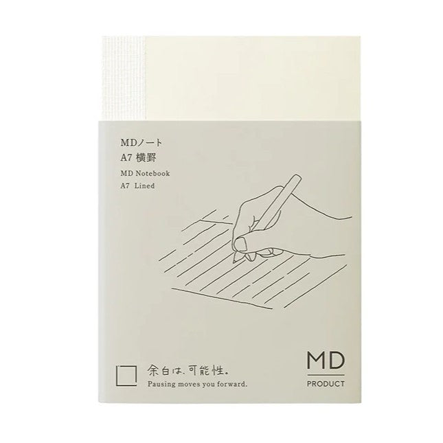 A minimalist A7 lined notebook by MD Product, featuring a cream-colored cover with a light gray front label. The label includes a simple line drawing of a hand writing, Japanese text, and the 'MD PRODUCT' logo.