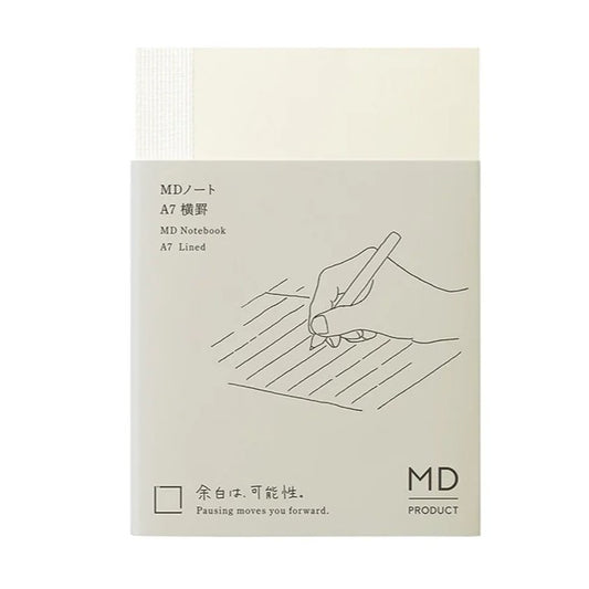 A minimalist A7 lined notebook by MD Product, featuring a cream-colored cover with a light gray front label. The label includes a simple line drawing of a hand writing, Japanese text, and the 'MD PRODUCT' logo.