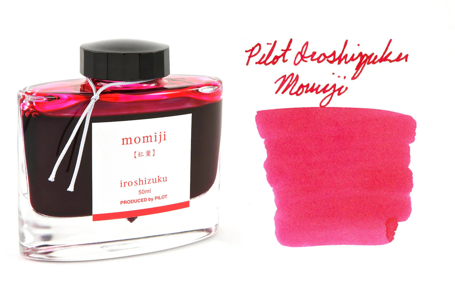 Bottle of red ink with a pink swatch and 'Pilot Iroshizuku Momiji' text on a white background