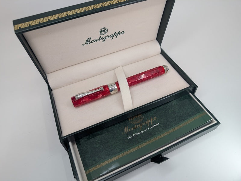 *Consignment* Montegrappa 1912 Red Harmony Cracked Ice Sterling Silver Trim Fountain Pen 18k Gold Stub Nib
