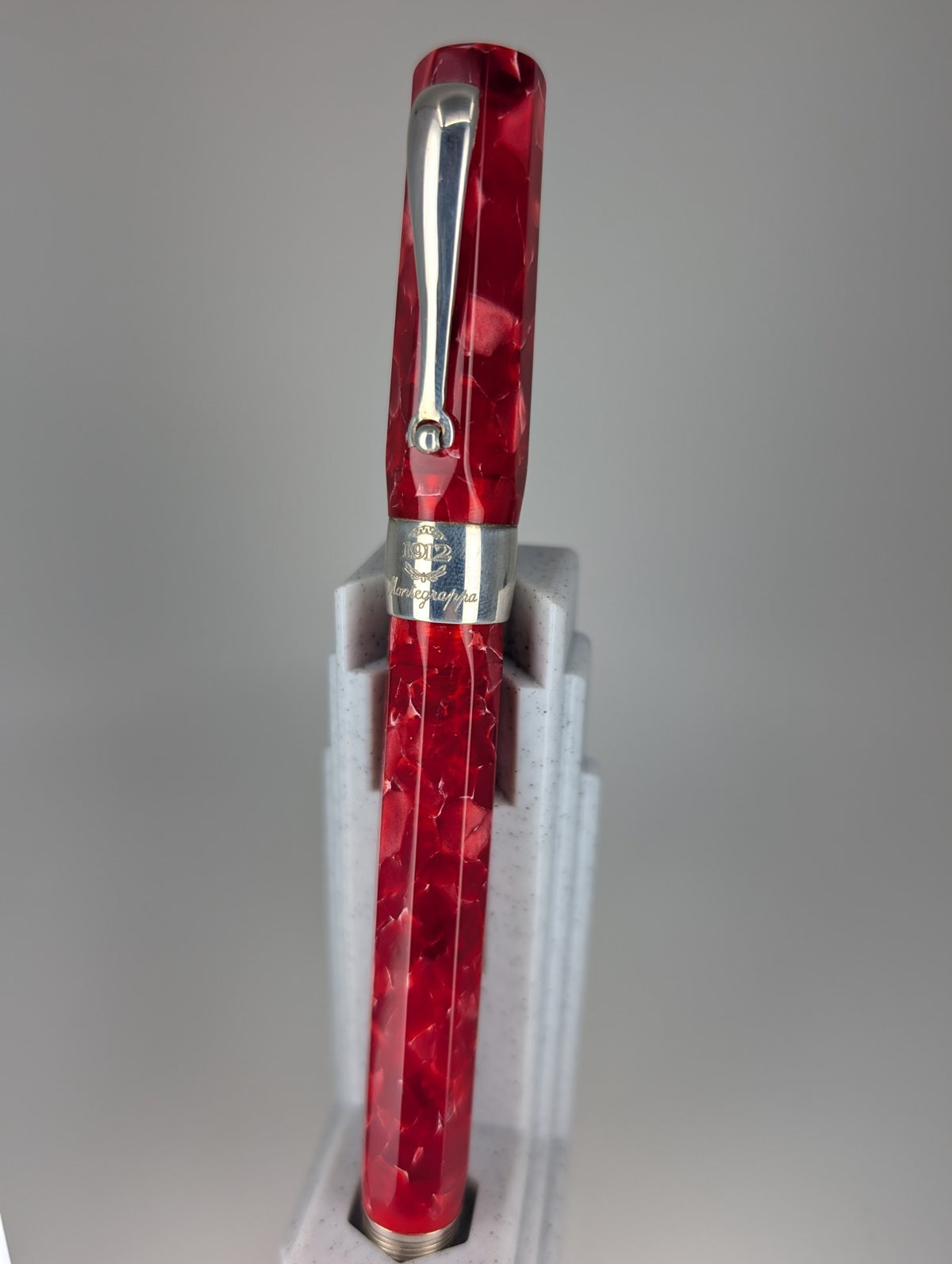 *Consignment* Montegrappa 1912 Red Harmony Cracked Ice Sterling Silver Trim Fountain Pen 18k Gold Stub Nib