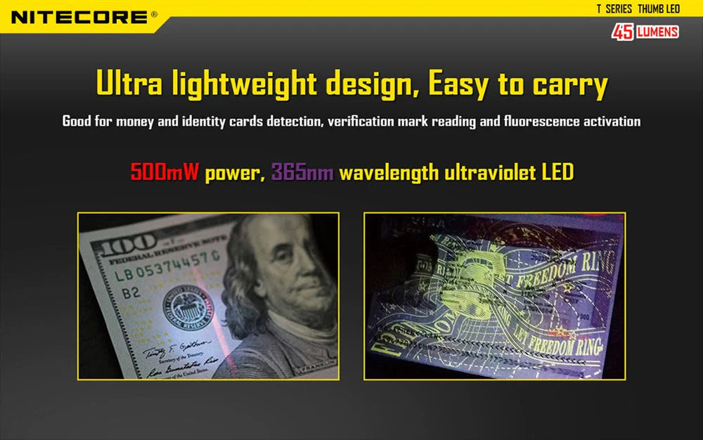 Nitecore Thumb Leo 45 Lumen Clip-On Rechargeable Flashlight, UV and Red / Blue