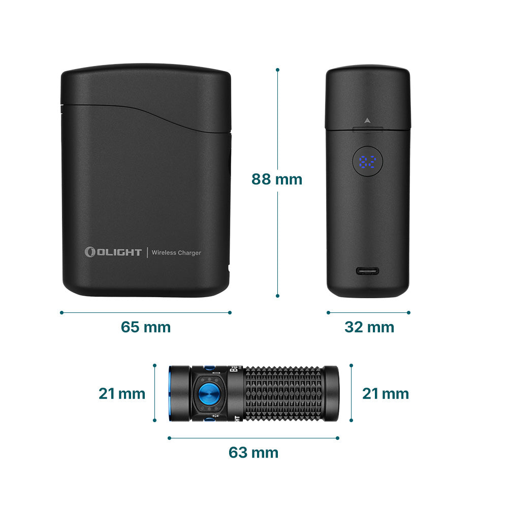 O'Light Baton 4 - 1300 Lumen EDC Flashlight devices with dimensions labeled on a white background