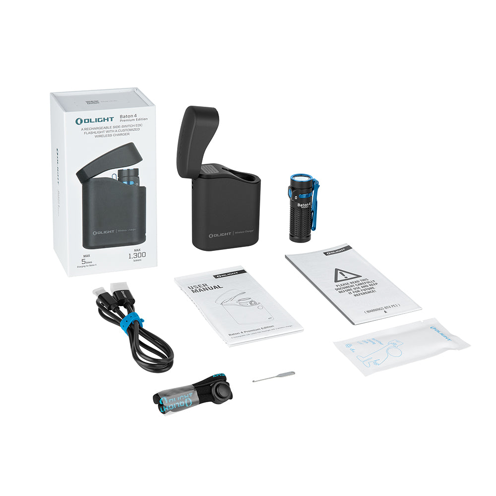 O'Light Baton 4 - 1300 Lumen EDC Flashlight with packaging, battery, charger, and manuals on a white background