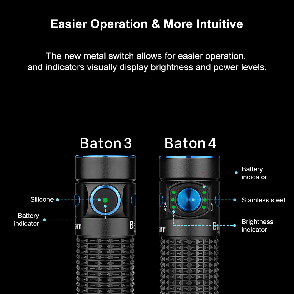 Comparing Two flashlights, Baton 3 and Baton 4, with labeled features on a black background.
