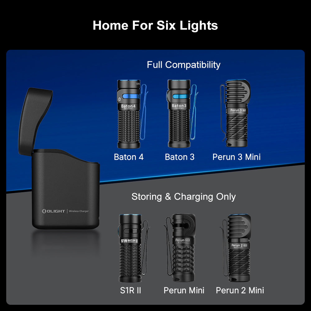 Olight wireless charger with compatibility for various flashlight models on a blue and gray background