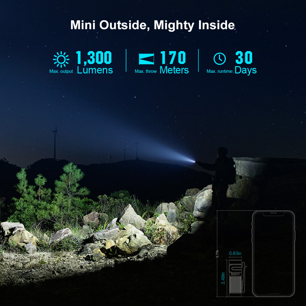 Person using a O'Light Baton 4 - 1300 Lumen EDC Flashlight in a dark outdoor setting with product specifications displayed.