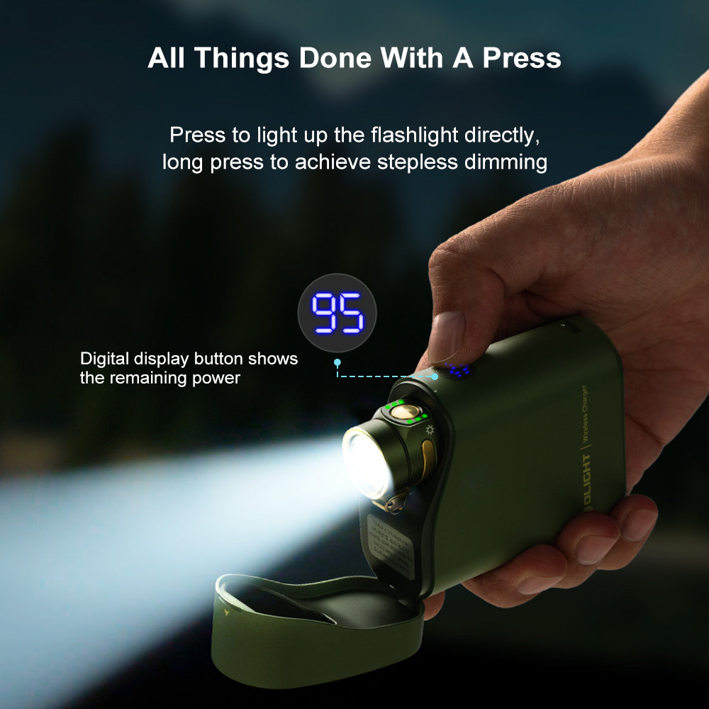 Hand holding a O'Light Baton 4 - 1300 Lumen EDC Flashlight with digital display showing power level, against a dark background.