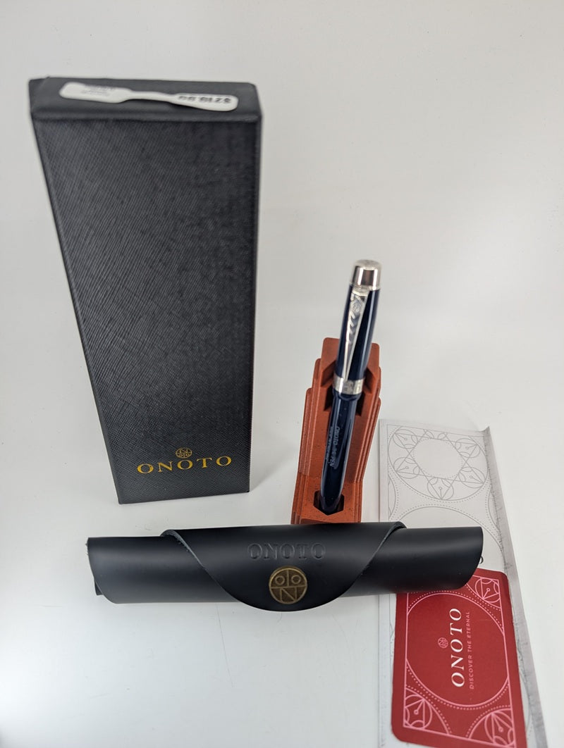 *Consignment* Onoto Scholar Oxford Blue Excel Sterling Silver Cap Band Fountain Pen 18k Gold Broad Nib