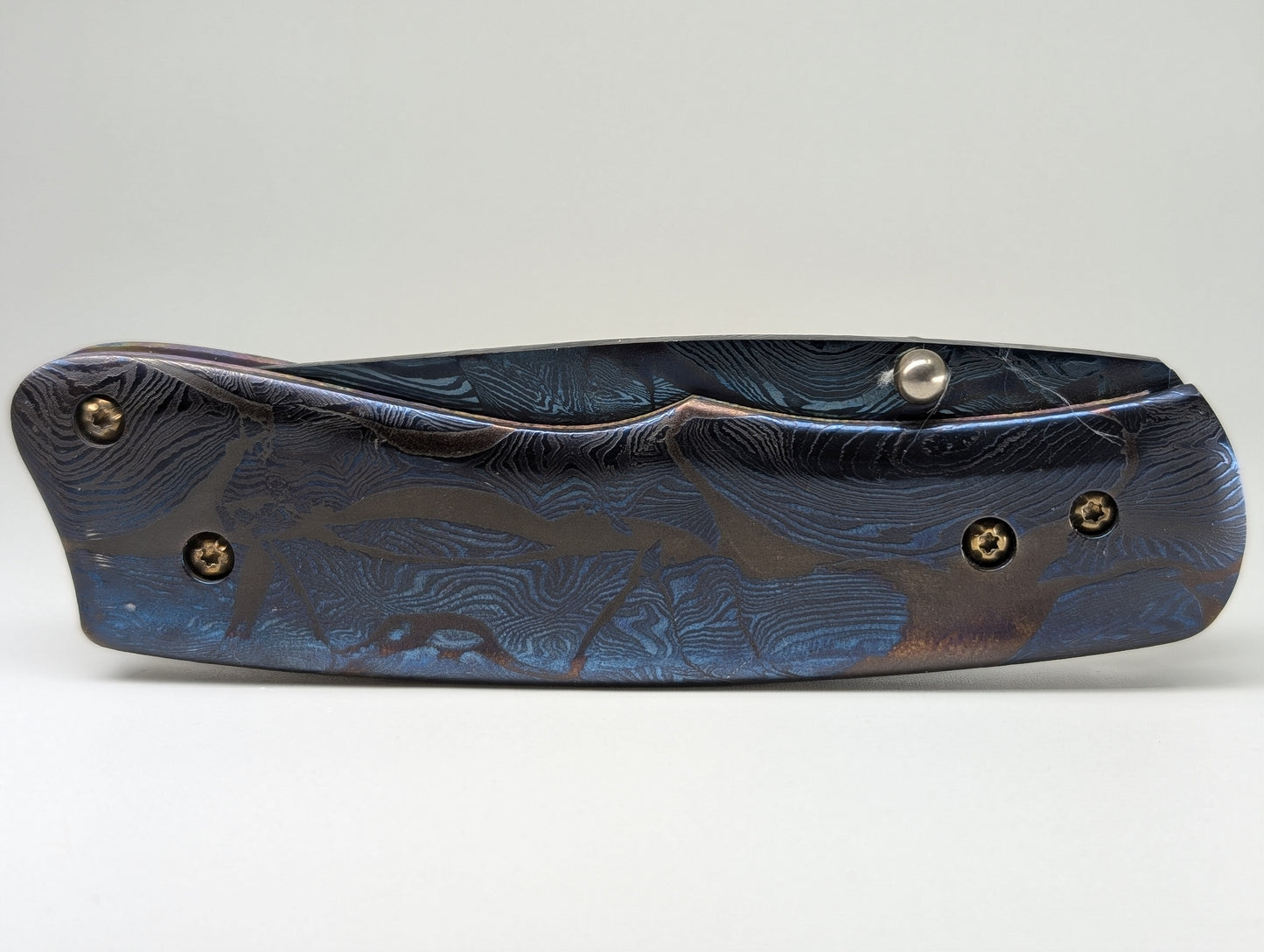 Caffrey Master Smith Custom Fossil Blue Damascus Blade and Handle Linerlock Folding Knife