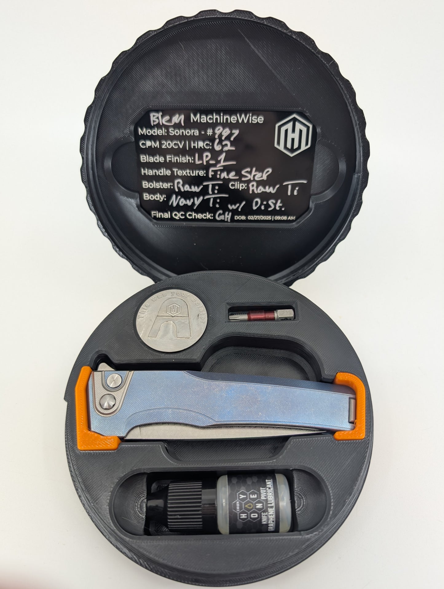 MachineWise Sonora Navy Distressed (CPM 20CV | Raw Ti Bolster | Finestep Handle) Buttonlock Folding Knife 997 *BLEM*