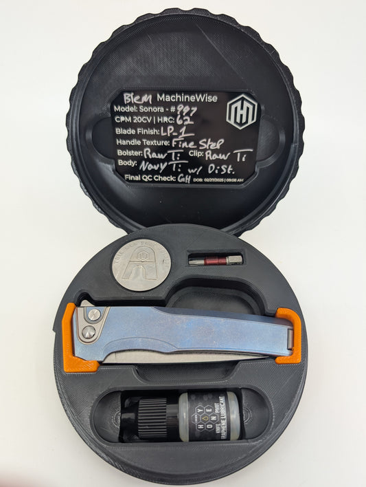 MachineWise Sonora Navy Distressed (CPM 20CV | Raw Ti Bolster | Finestep Handle) Buttonlock Folding Knife 997 *BLEM*