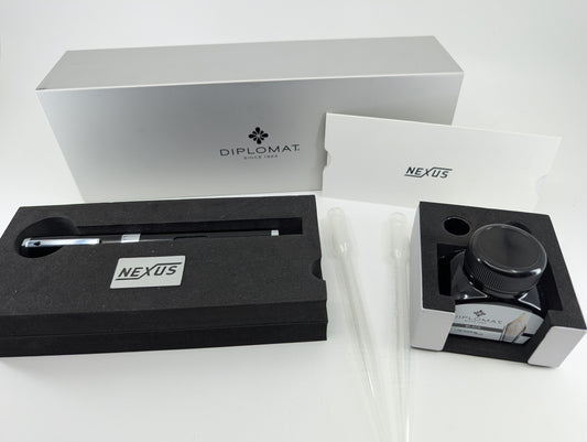 *Consignment* Diplomat Nexus Black / Chrome Fountain Pen Steel Fine Nib w/ Black Ink Bottle