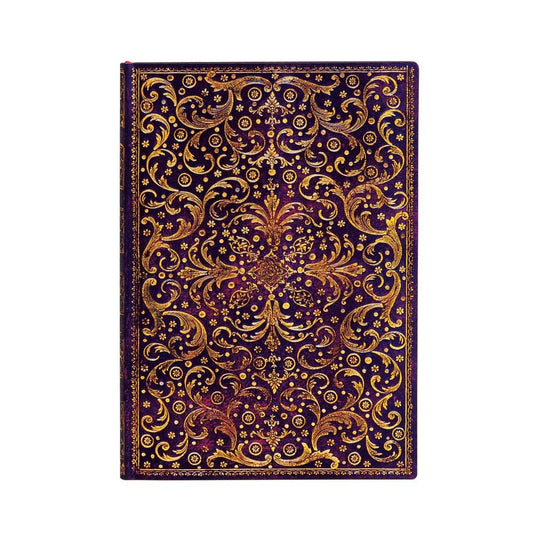 Decorative notebook with gold intricate patterns on a purple background