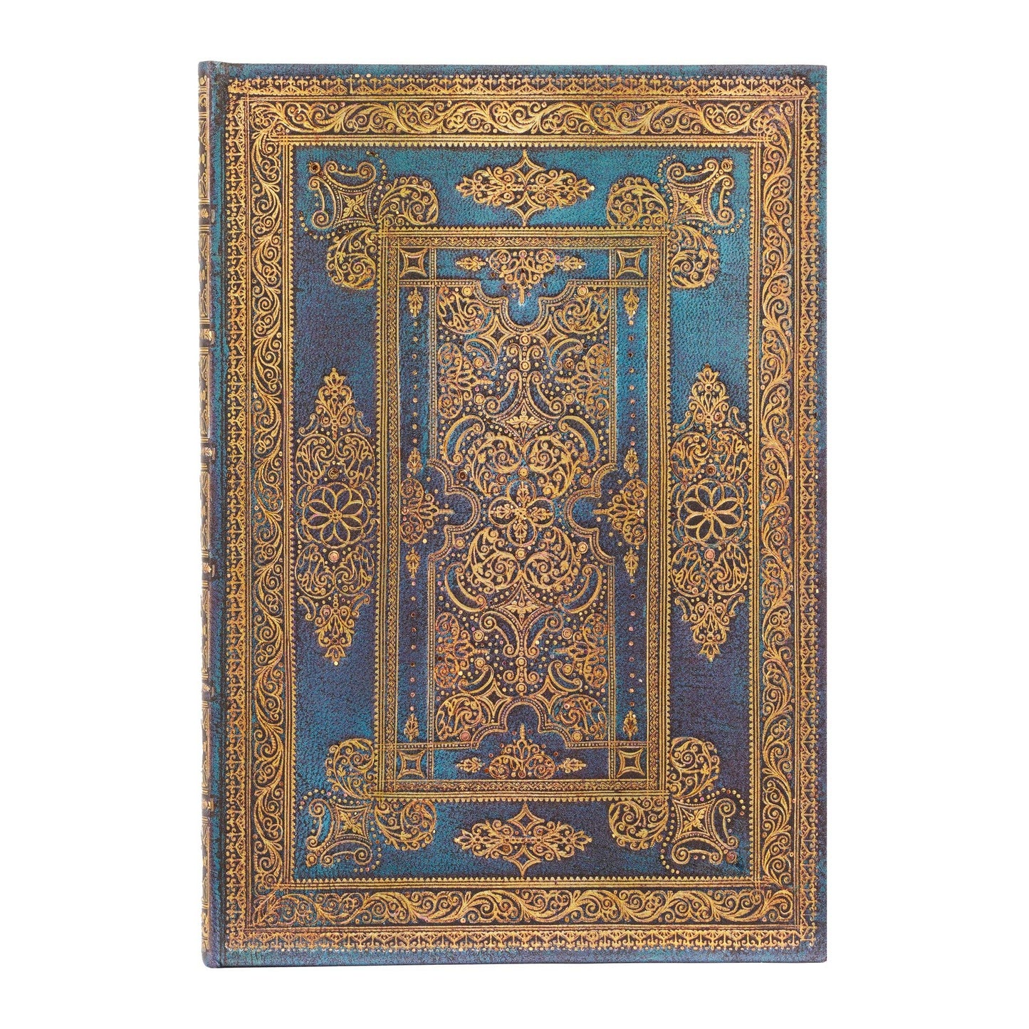 Decorative book with gold and blue design on a white background