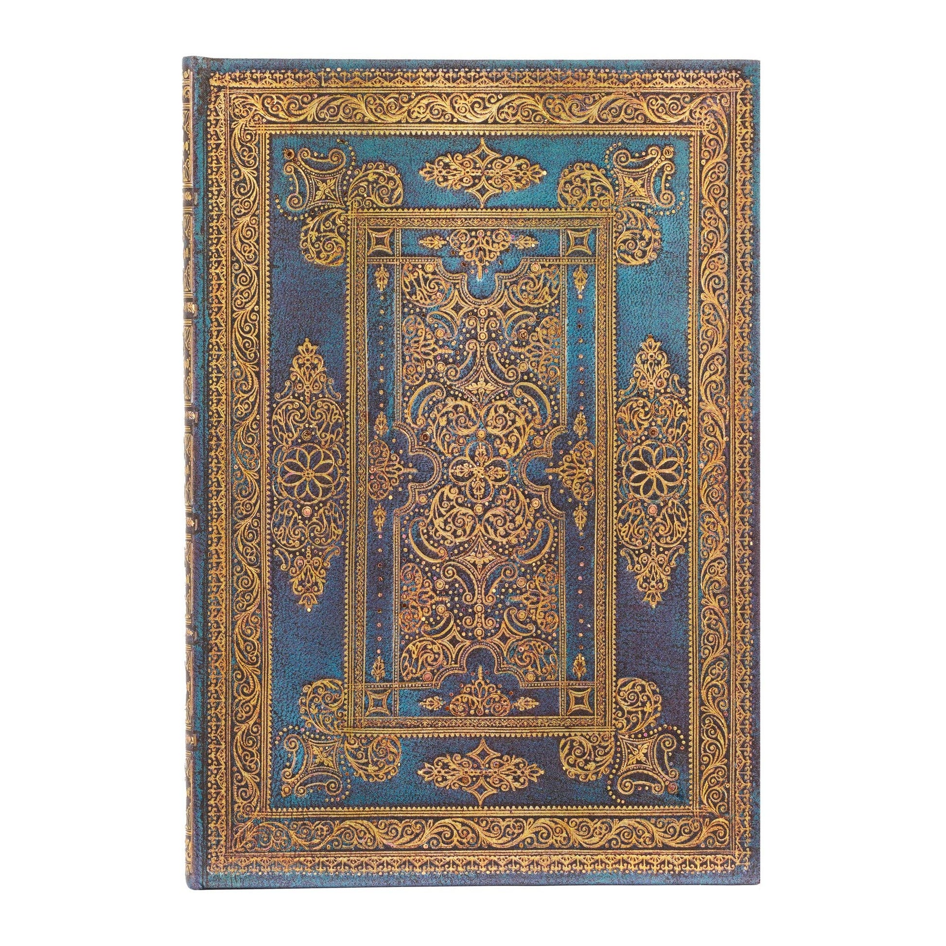Decorative book with gold and blue design on a white background