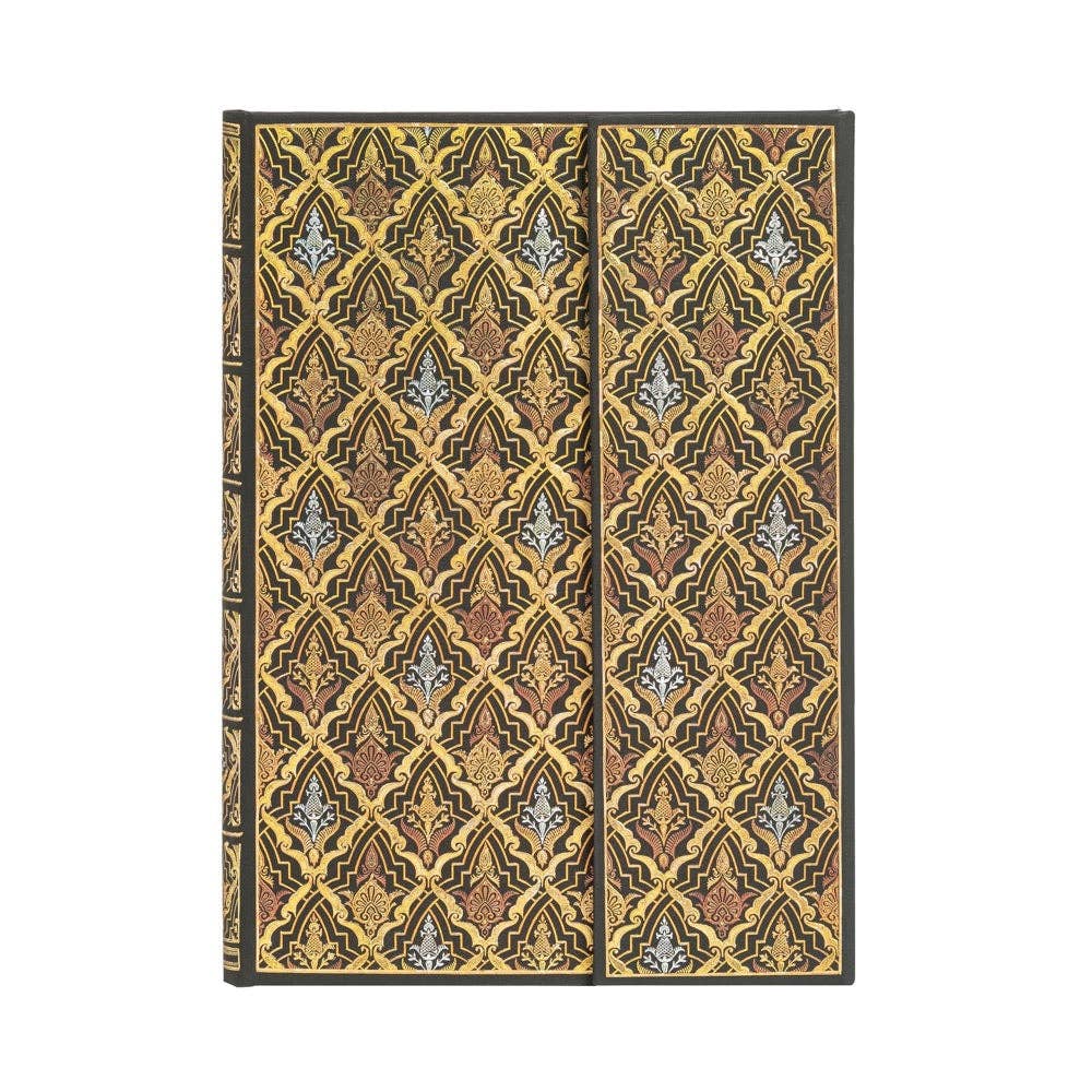 A Paperblanks Destiny Midi Lined Hardcover notebook or journal featuring an intricate, symmetrical baroque-style pattern on the front cover and spine. The design combines gold, brown, black, and muted blue-gray motifs in a repeating diamond lattice.