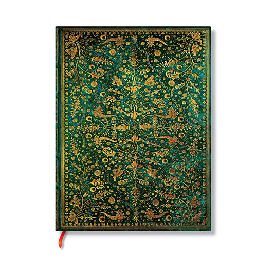 Decorative notebook with intricate gold patterns on a green background