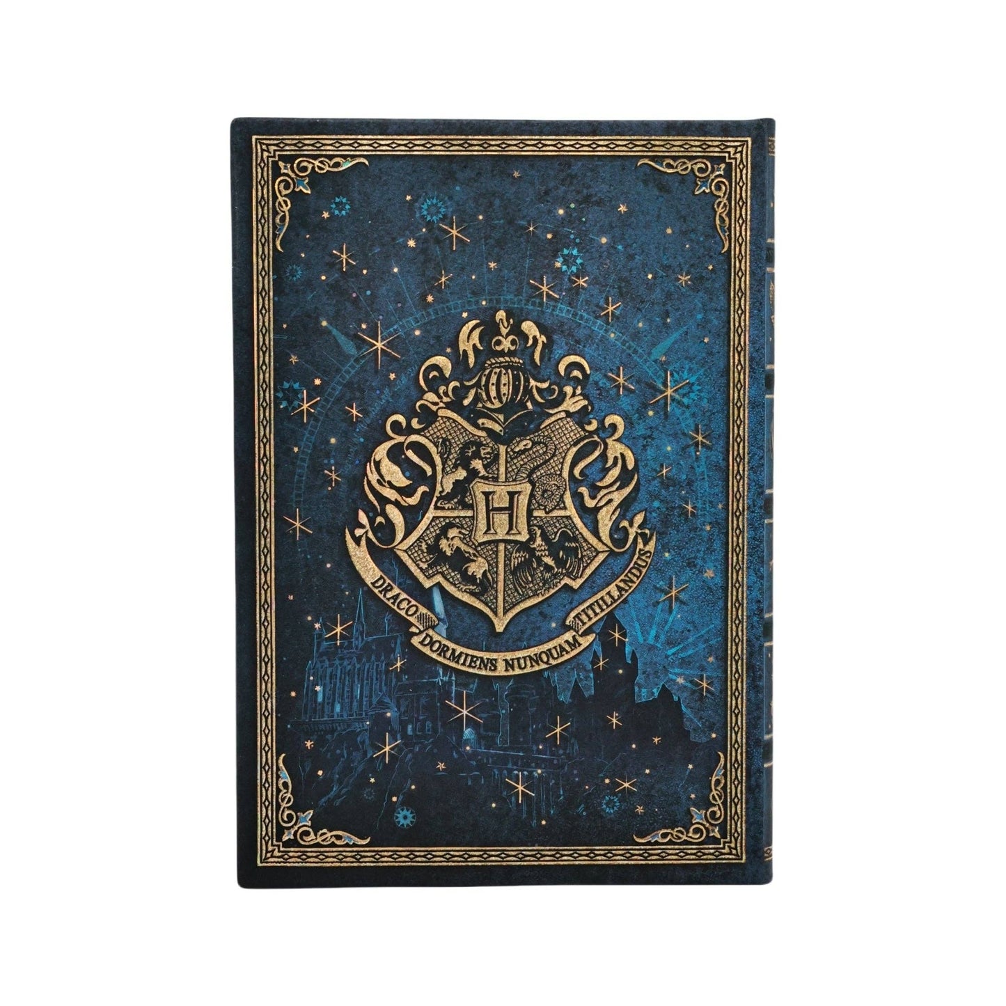 A hardcover Paperblanks Harry Potter Legends of Hogwarts Hardcover Journal notebook dark blue textured cover with gold Hogwarts crest, stars, and ornate borders, shown against a plain white background