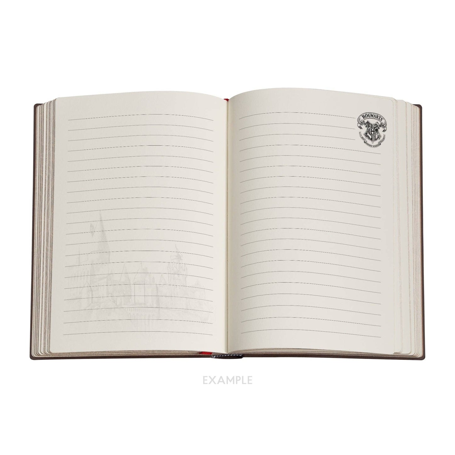 An open Paperblanks Harry Potter Legends of Hogwarts Hardcover Journal lined notebook on a plain white background, with cream pages, faint castle sketches on the left page, horizontal ruling across both pages, and a small crest emblem on the upper right page.