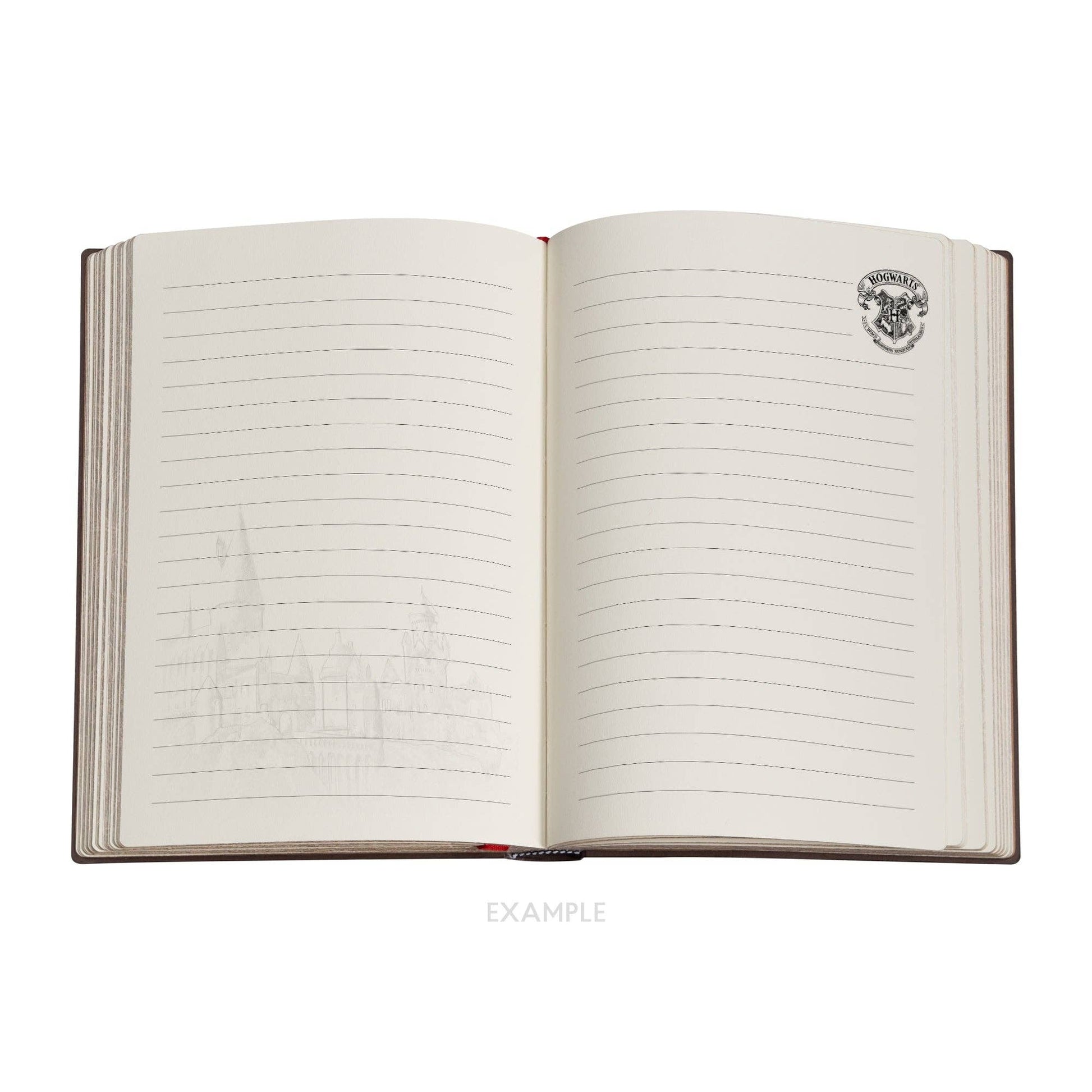 An open Paperblanks Harry Potter Legends of Hogwarts Hardcover Journal lined notebook on a plain white background, with cream pages, faint castle sketches on the left page, horizontal ruling across both pages, and a small crest emblem on the upper right page.