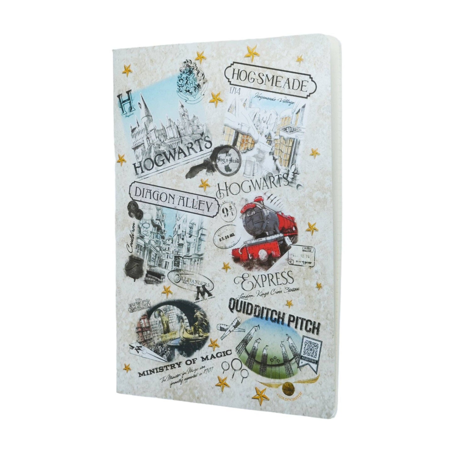 Notebook with Harry Potter-themed illustrations on a white background