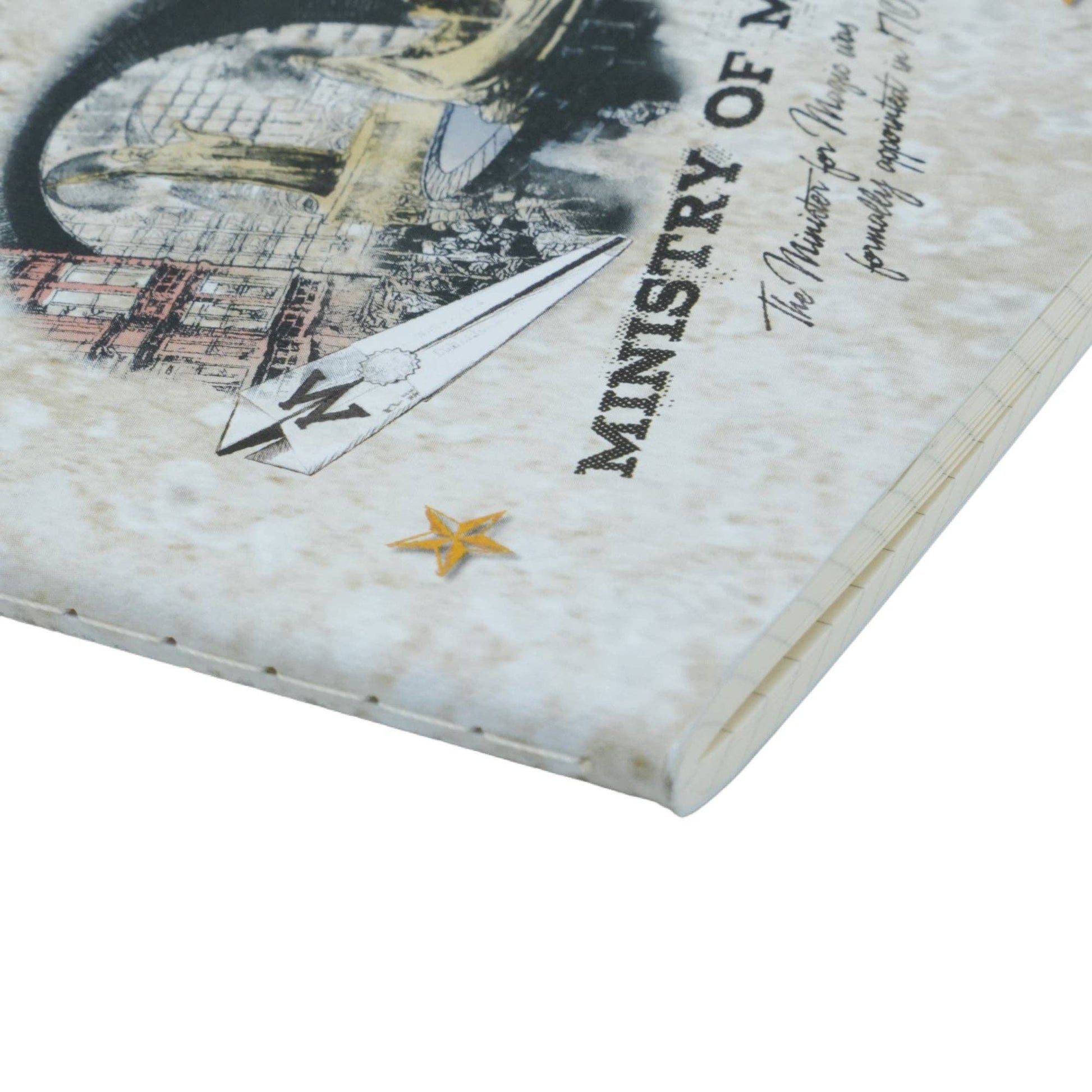 A close-up of a Paperblanks_Harry_Potter_Wizarding_World_Softcover_Cahier notebook cover featuring a vintage-style illustration, on a light marbled background.