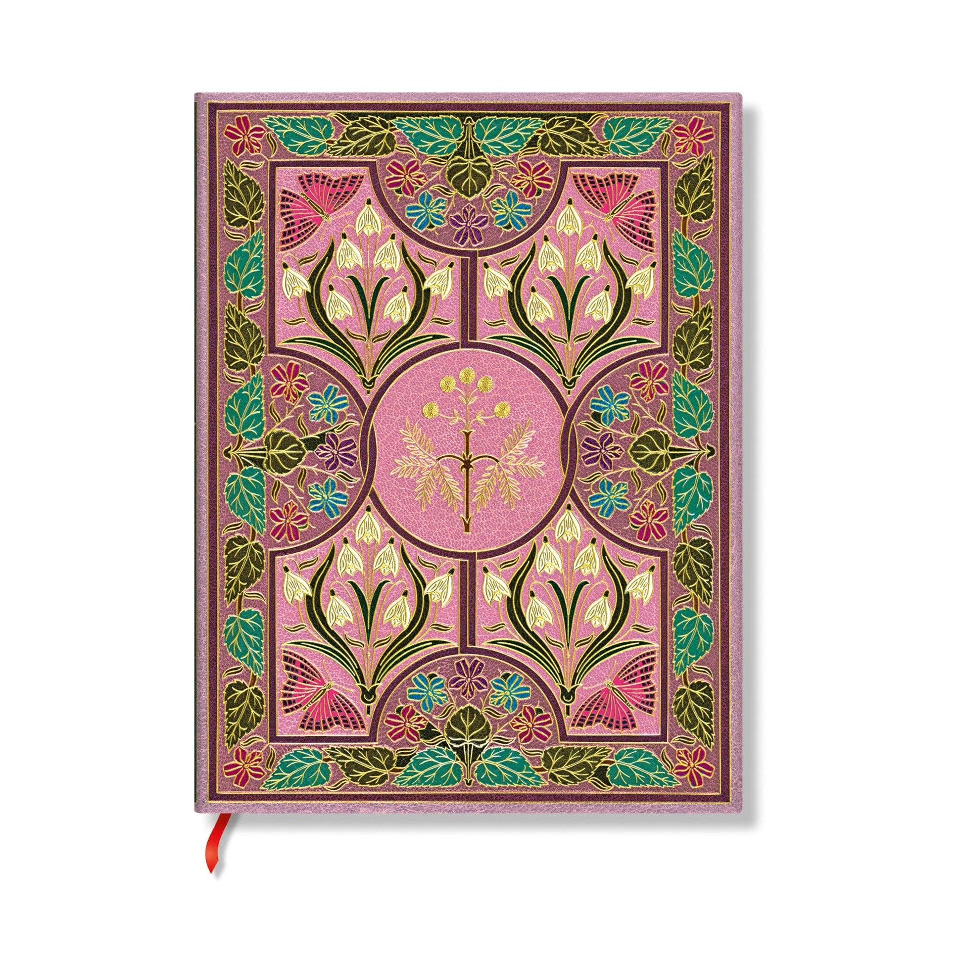 Decorative notebook with floral patterns on a pink background
