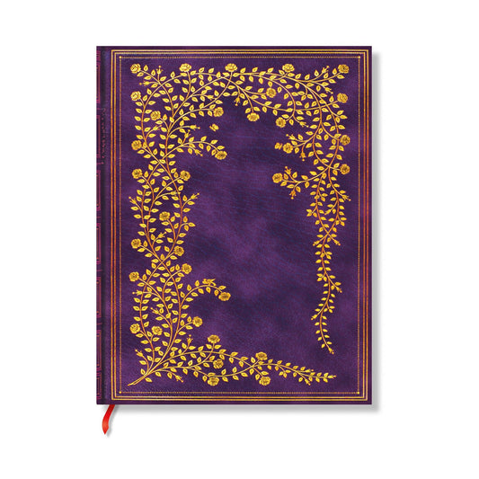 Purple notebook with gold floral design on a white background