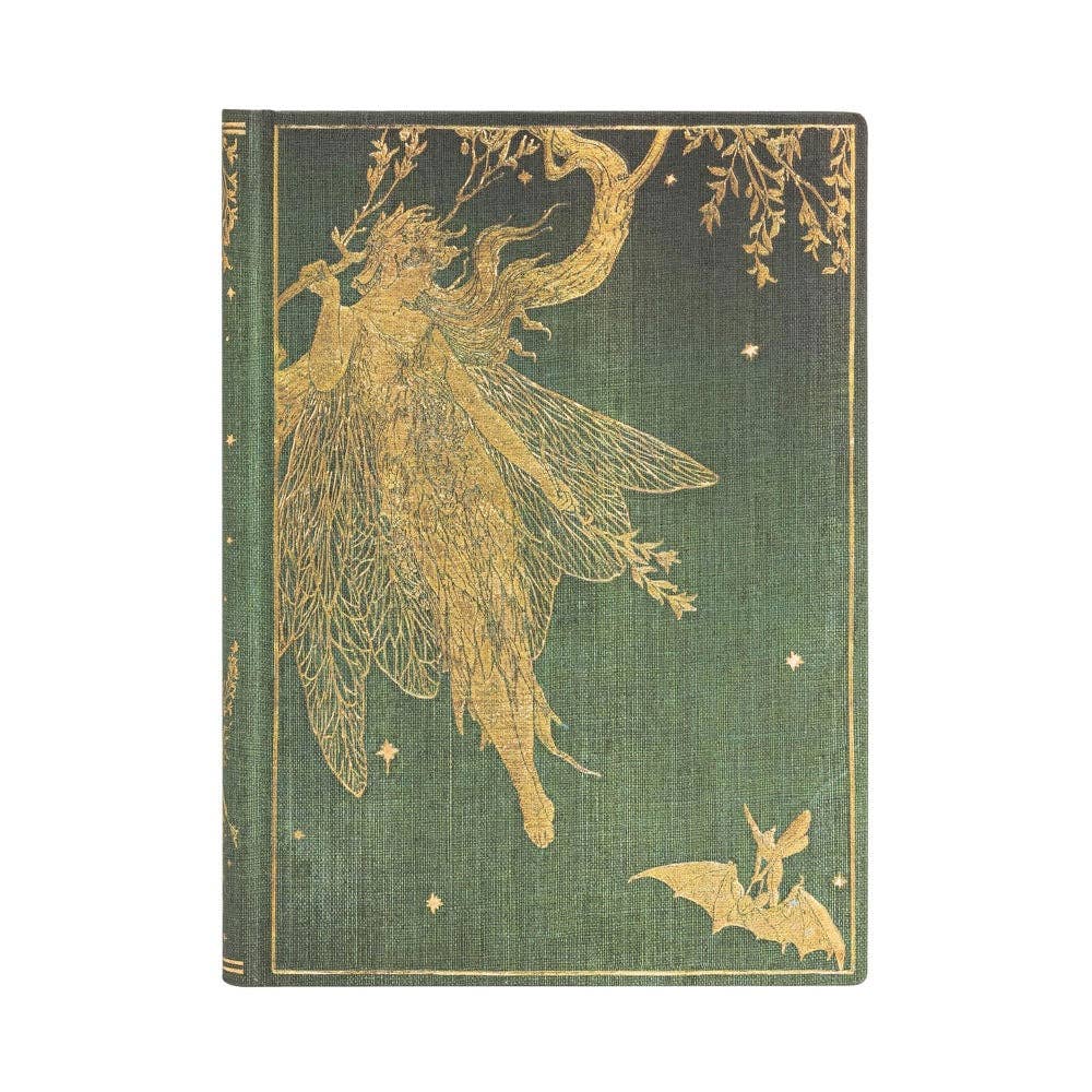 Decorative notebook with gold fairy illustration on a green background